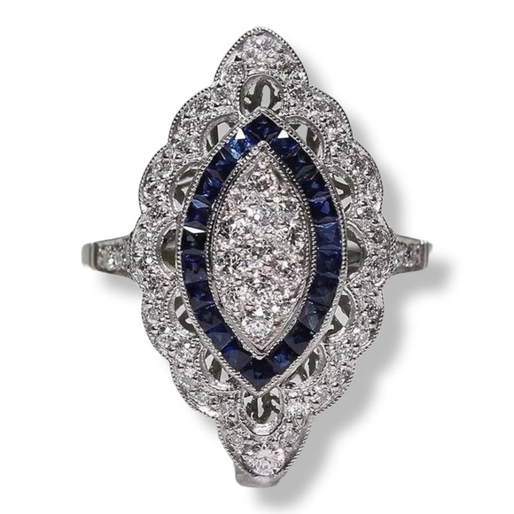 Silver Tone Edwardian Period Simulated Sapphire Round Crystal Ring - Picture 1 of 5